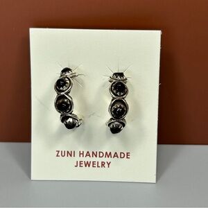 Zuni Sterling Silver Black Onyx Hoop Earrings